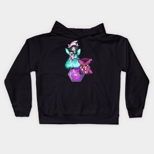 Cute black kitty cat with a dnd D20 dice Kids Hoodie